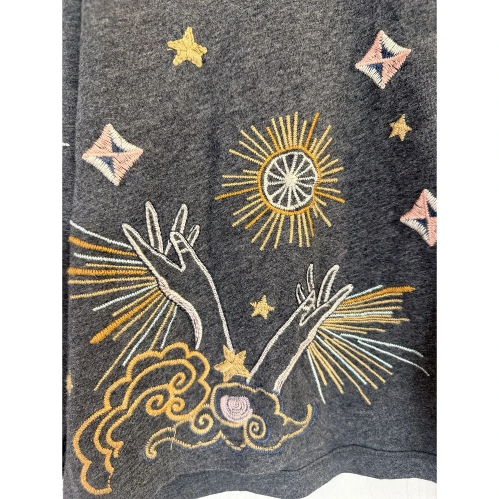 Johnny Was Selah Cuffed Puff Long Tee Gray Crew Floral Embroidery Shirt Large